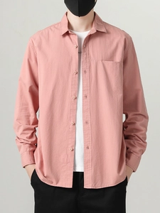 Men's casual long-sleeved cotton shirt in dusty rose pink with front pocket and buttons