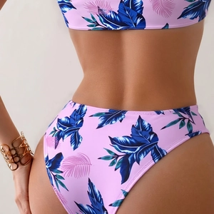 Back view of pink tropical leaf print two-piece high-waisted bikini set for women