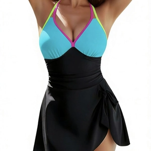 Athletic one-piece swimdress with color-block halter design and slimming ruched waist