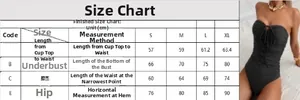 Detailed size chart for the strapless one-piece swimsuit with length and bust measurements