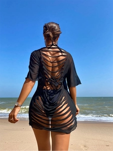 Plus Size Women Sexy Black Cutout Mesh Beach Cover Up Hollow Out Sun Protection Short Sleeve Swimwear Coverup For Summer Vacation