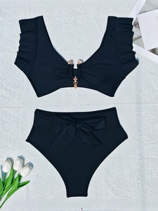 Elegant black two-piece bikini featuring ruffled straps and heart charm with high waist bottom