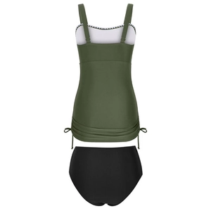 Detail of olive green bikini top with scalloped trim and side drawstring shirring
