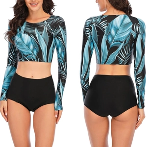Detailed front and back view of long-sleeve bikini set with tropical palm leaf print