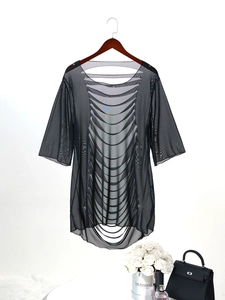 Plus size black mesh beach cover up with back cut-out details and hollow out design