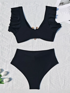 Two-piece black bikini set with ruffle sleeves, deep V-neck and golden butterfly buckle