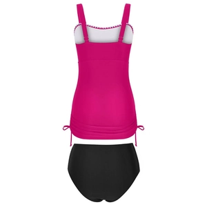 Detailed back view of magenta tankini top with drawstring sides and scalloped white trim