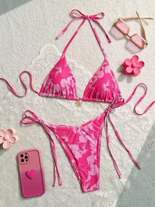 Pink tropical hibiscus print bikini set with golden flower metal charm detail