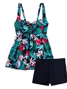 Maillot de bain tankini deux pièces avec haut à imprimé floral et short noir à taille haute