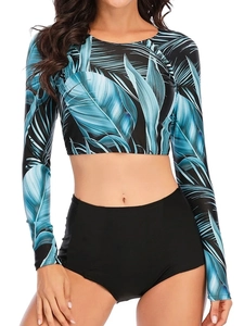 Women's Two Piece Swimsuit Tropical Palm Leaf Print Long Sleeve Rash Guard Top And High Waist Bikini Bottom Sun Protection