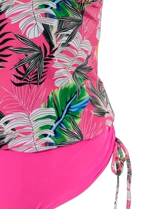 Detail of tropical palm leaf print bikini top and side drawstring swim bottom