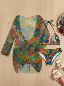 Three-piece tropical print bikini set with long sleeve mesh cover-up and palm leaf pattern