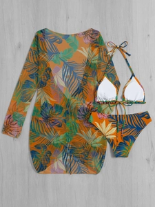 Three-piece tropical print bikini set with orange long sleeve mesh cover-up skirt