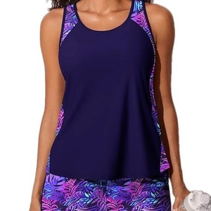 Costume da bagno tankini due pezzi da donna viola scuro con stampa a foglie tropicali