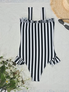 Striped one-piece swimsuit with ruffle trim and wide straps for beach vacation wear