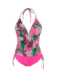 Pink tankini swimsuit set with tropical leaf print and side-tie bikini bottom for beach