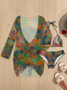 Three-piece bikini set with tropical leaf print and drawstring mesh cover-up top