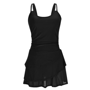 Elegant black one-piece swimsuit featuring layered ruffle skirt and backless design