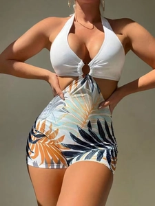 Women Sexy Halter Bikini Set White Top Tropical Palm Leaf Print Bottom Metal Ring Two Piece Swimsuit Beach Bathing Suit