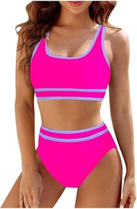 Dettaglio bikini a due pezzi rosa neon a vita alta con profili a contrasto sportivo
