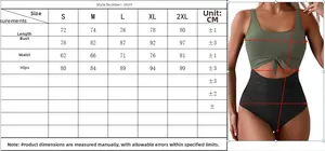 Size chart for women's one-piece swimsuit featuring olive green top and black high waist