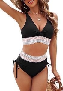 Detail of high waisted bikini with colorful woven bands and side drawstring design