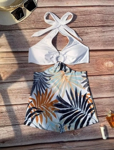 Sexy floral bikini swimwear set with halter neck top and tropical palm leaf pattern