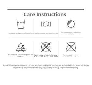 Care instructions and washing symbols for women bikini swimwear to maintain fabric quality