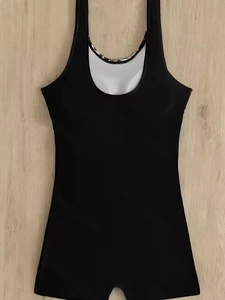 One-piece swimsuit with black and white leaf print and slimming boyleg design