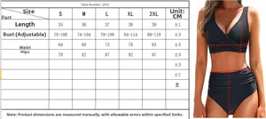 Size chart for cross-wrap high waist bikini set with detailed measurements and fit guide