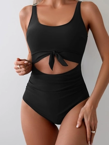 Sexy black one-piece swimsuit with front knot cut-out and high-waist ruched slimming design