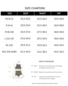 Size chart for cross wrap high waist bikini showing bust waist and hip measurements in inches