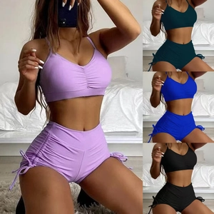 Women Sexy Solid Color Bikini Ruched Camisole Top And High Waist Drawstring Boyshort Bottom Two Piece Bathing Suit Swimwear
