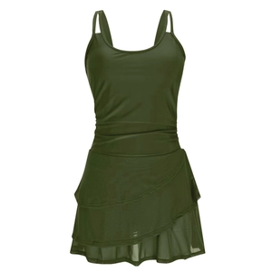 Olive green one-piece swimsuit with ruffled mesh skirt and elegant pleated waist detail