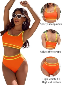 Dettaglio del bikini sportivo con spalline regolabili e design a vita alta a contrasto