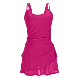 One-piece rose red swim dress with tiered mesh skirt and double spaghetti straps