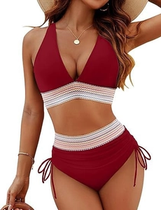 Detail of high-waisted burgundy bikini with chevron waistband and side drawstring ties
