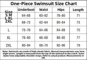 Size chart for floral ruffle one-piece swimsuit featuring measurements from S to 2XL