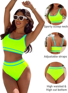 Dettagli del bikini sportivo verde neon con bordi blu e spalline regolabili