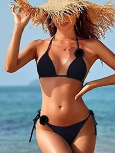 Set bikini nero sexy con decorazioni floreali 3D e top a triangolo per spiaggia