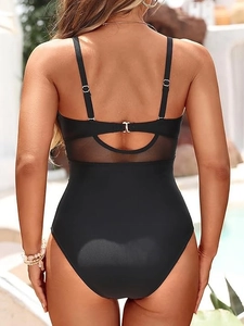 Maillot de bain une pièce noir avec empiècement résille et bretelles réglables au dos