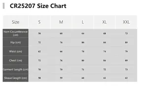 Size chart detail for long sleeve surfing swimsuit with measurements from S to XXL