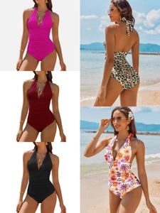 Women Halter Plunge V Neck One Piece Swimsuit Ruched Tummy Control Bathing Suit Leopard Floral Print Beach Vacation Swimwear