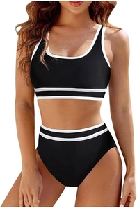 Dettaglio bikini sportivo a vita alta nero con bordi a contrasto con strisce bianche