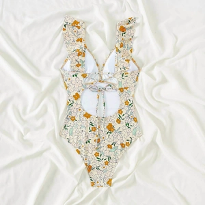 Floral one-piece swimsuit with V-neck, ruffle straps, and back lace-up cutout detail