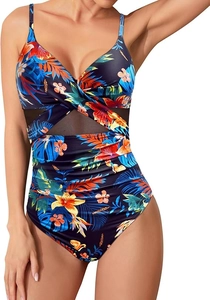 Détail d'un maillot de bain bleu foncé à imprimé floral tropical et empiècements mesh