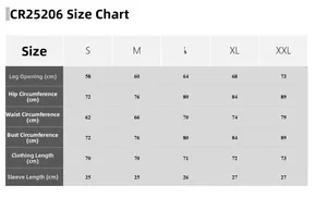 Guide des tailles détaillé pour maillot de bain de surf CR25206, tailles S à XXL