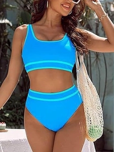 Costume da Bagno Sportivo da Donna Split Bikini Colore a Contrasto Vita Alta Tank Top Imbottito e Slip a Gamba Alta per Spiaggia