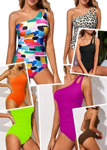 Detail of one-shoulder cutout strap and slimming ruched texture on one-piece swimsuit