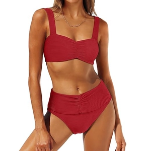 Detail of dark red ribbed bikini set featuring wide straps and tummy control ruched waist